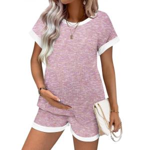 image:imageEkouaer Maternity Pajamas 2 Piece Outfits Waffle Knit Short Sleeve Tops and Shorts Loungewear Set Pregnancy ClothesPink Print