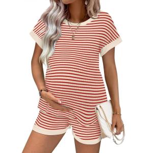 image:imageEkouaer Maternity Pajamas 2 Piece Outfits Waffle Knit Short Sleeve Tops and Shorts Loungewear Set Pregnancy ClothesRed Stripes