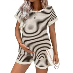 image:imageEkouaer Maternity Pajamas 2 Piece Outfits Waffle Knit Short Sleeve Tops and Shorts Loungewear Set Pregnancy ClothesStripes Beige