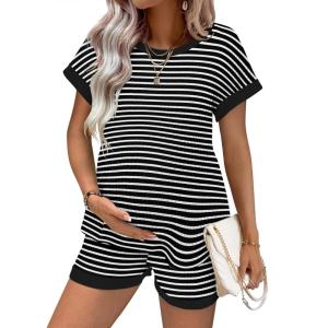 image:imageEkouaer Maternity Pajamas 2 Piece Outfits Waffle Knit Short Sleeve Tops and Shorts Loungewear Set Pregnancy ClothesStripes Black