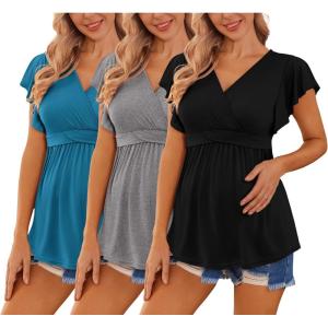 image:imageEkouaer Maternity Shirts 3 Packs Flying Short Sleeve Nursing Tops Pregnancy ClothesBlackgreylake Blue3pcs