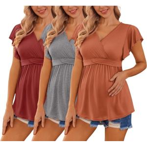 image:imageEkouaer Maternity Shirts 3 Packs Flying Short Sleeve Nursing Tops Pregnancy ClothesCaramelgreywine Red3pcs