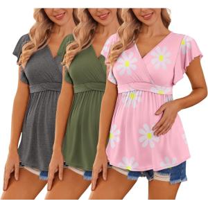 image:imageEkouaer Maternity Shirts 3 Packs Flying Short Sleeve Nursing Tops Pregnancy ClothesDark Greyarmy Greenfloral Pink3pcs
