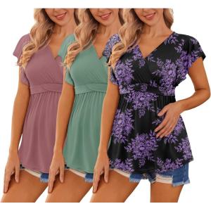 image:imageEkouaer Maternity Shirts 3 Packs Flying Short Sleeve Nursing Tops Pregnancy ClothesGray Purple Redgraygreenfloral Black3pcs