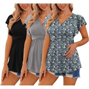 image:imageEkouaer Maternity Shirts 3 Packs Flying Short Sleeve Nursing Tops Pregnancy ClothesGreyblackfloral Blue13pcs