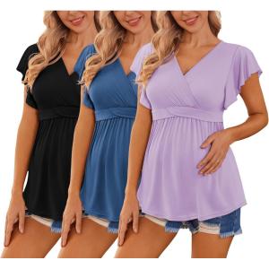 image:imageEkouaer Maternity Shirts 3 Packs Flying Short Sleeve Nursing Tops Pregnancy ClothesLight Purpleblackdark Blue3pcs