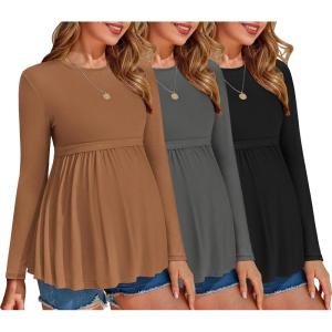 image:imageEkouaer Maternity Shirts 3 Packs Pleated Long Sleeve Tops Tunic Casual Pregnancy ClothesBlackBrownGrey