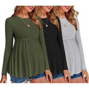 image:imageEkouaer Maternity Shirts 3 Packs Pleated Long Sleeve Tops Tunic Casual Pregnancy ClothesBlackGreenLight Grey
