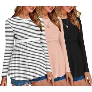 image:imageEkouaer Maternity Shirts 3 Packs Pleated Long Sleeve Tops Tunic Casual Pregnancy ClothesBlackPinkWhite