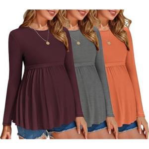 image:imageEkouaer Maternity Shirts 3 Packs Pleated Long Sleeve Tops Tunic Casual Pregnancy ClothesCaramelDark RedDark Grey