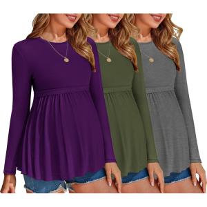 image:imageEkouaer Maternity Shirts 3 Packs Pleated Long Sleeve Tops Tunic Casual Pregnancy ClothesGreenGreyPurple