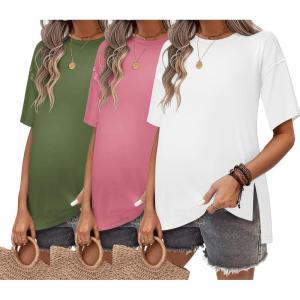 image:imageEkouaer Maternity Shirts 3 Packs Short Sleeve Womens Oversized Pregnancy Tops Split Side Postpartum Blouse Clothes SXXLArmy GreenPinkWhite