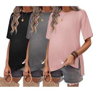 image:imageEkouaer Maternity Shirts 3 Packs Short Sleeve Womens Oversized Pregnancy Tops Split Side Postpartum Blouse Clothes SXXLBlackDark GrayDirty Pink