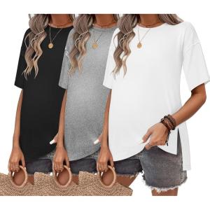 image:imageEkouaer Maternity Shirts 3 Packs Short Sleeve Womens Oversized Pregnancy Tops Split Side Postpartum Blouse Clothes SXXLBlackLight GrayWhite