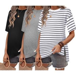 image:imageEkouaer Maternity Shirts 3 Packs Short Sleeve Womens Oversized Pregnancy Tops Split Side Postpartum Blouse Clothes SXXLBlackLight GrayWhite Stripe
