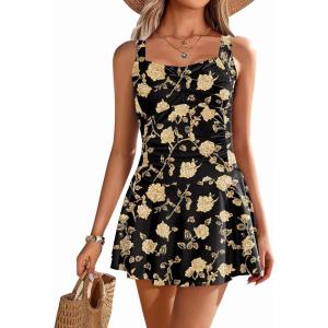 image:imageEkouaer Swim Dress One Piece Bathing Suit Skirted Swimsuits for Women Ruched Retro Swimwear SXXLBlack With Yellow Flowers