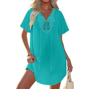 image:imageEkouaer Swimsuit Cover Ups for Women Lace Crochet VNeck Bikini Beach Coverups Dress for Swimwear Bathing Suit00green