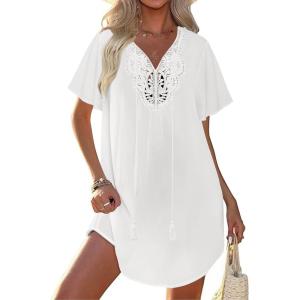image:imageEkouaer Swimsuit Cover Ups for Women Lace Crochet VNeck Bikini Beach Coverups Dress for Swimwear Bathing Suit00white