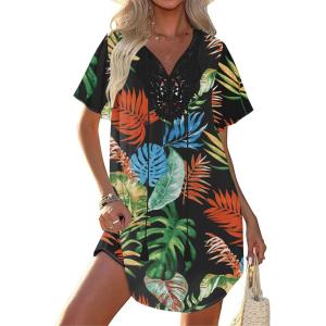 image:imageEkouaer Swimsuit Cover Ups for Women Lace Crochet VNeck Bikini Beach Coverups Dress for Swimwear Bathing Suit01black Leaf