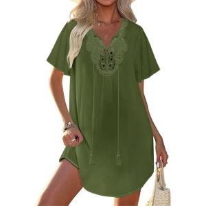 image:imageEkouaer Swimsuit Cover Ups for Women Lace Crochet VNeck Bikini Beach Coverups Dress for Swimwear Bathing SuitArmy Green
