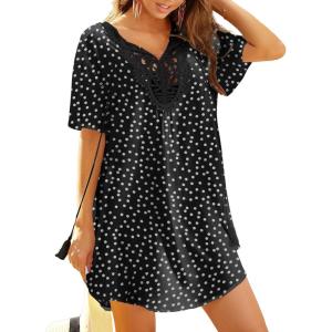 image:imageEkouaer Swimsuit Cover Ups for Women Lace Crochet VNeck Bikini Beach Coverups Dress for Swimwear Bathing SuitBblack Polka Dots