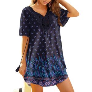 image:imageEkouaer Swimsuit Cover Ups for Women Lace Crochet VNeck Bikini Beach Coverups Dress for Swimwear Bathing SuitBlack Boho Print