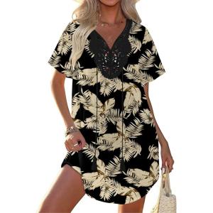 image:imageEkouaer Swimsuit Cover Ups for Women Lace Crochet VNeck Bikini Beach Coverups Dress for Swimwear Bathing SuitBlack Tropical Print