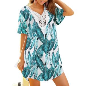 image:imageEkouaer Swimsuit Cover Ups for Women Lace Crochet VNeck Bikini Beach Coverups Dress for Swimwear Bathing SuitGreen Tropical Print