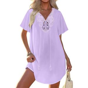 image:imageEkouaer Swimsuit Cover Ups for Women Lace Crochet VNeck Bikini Beach Coverups Dress for Swimwear Bathing SuitLilac