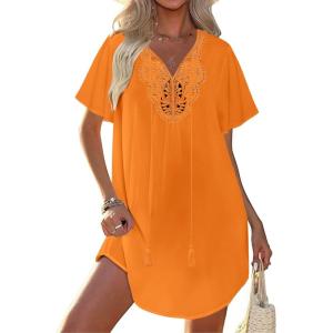 image:imageEkouaer Swimsuit Cover Ups for Women Lace Crochet VNeck Bikini Beach Coverups Dress for Swimwear Bathing SuitOrange