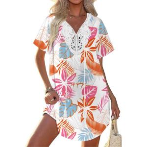 image:imageEkouaer Swimsuit Cover Ups for Women Lace Crochet VNeck Bikini Beach Coverups Dress for Swimwear Bathing SuitPastel Jungle