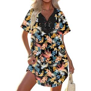 image:imageEkouaer Swimsuit Cover Ups for Women Lace Crochet VNeck Bikini Beach Coverups Dress for Swimwear Bathing SuitPlumeria Print