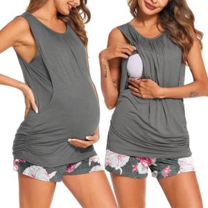 image:imageEkouaer Women Maternity Nursing Pajama Set Breastfeeding Double Layer Pregnancy Pjs Set Sleeveless Top amp Shorts with PocketsBflower Gray