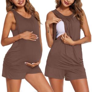 image:imageEkouaer Women Maternity Nursing Pajama Set Breastfeeding Double Layer Pregnancy Pjs Set Sleeveless Top amp Shorts with PocketsBrown