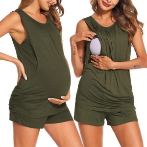 image:imageEkouaer Women Maternity Nursing Pajama Set Breastfeeding Double Layer Pregnancy Pjs Set Sleeveless Top amp Shorts with PocketsSarmy Green