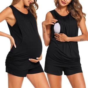 image:imageEkouaer Women Maternity Nursing Pajama Set Breastfeeding Double Layer Pregnancy Pjs Set Sleeveless Top amp Shorts with PocketsSblack