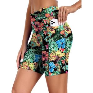 image:imageEkouaer Womens 85 Board Shorts High Waisted Swim Shorts Cross Waist Beach Surf Swimwear Swimsuit Bottoms with Pocket S3XLAred Tropical Flowers01