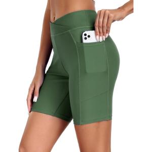image:imageEkouaer Womens 85 Board Shorts High Waisted Swim Shorts Cross Waist Beach Surf Swimwear Swimsuit Bottoms with Pocket S3XLArmy Green