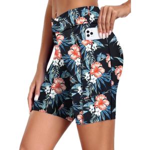 image:imageEkouaer Womens 85 Board Shorts High Waisted Swim Shorts Cross Waist Beach Surf Swimwear Swimsuit Bottoms with Pocket S3XLRed Flower Green Leaves