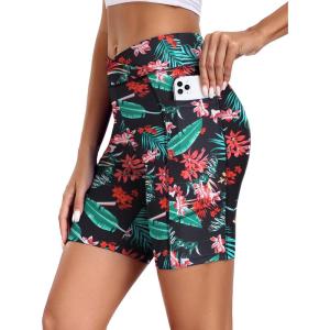 image:imageEkouaer Womens 85 Board Shorts High Waisted Swim Shorts Cross Waist Beach Surf Swimwear Swimsuit Bottoms with Pocket S3XLRed Flowers Green Leaves