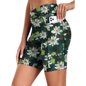 image:imageEkouaer Womens 85 Board Shorts High Waisted Swim Shorts Cross Waist Beach Surf Swimwear Swimsuit Bottoms with Pocket S3XLWhite Flowers Green Leaves