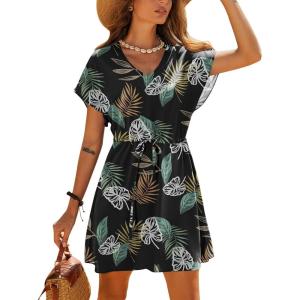 image:imageEkouaer Womens Cover Ups Casual Swimsuit Coverups Flowy Tie Waist Beach Cover Up DressBlack Leaf