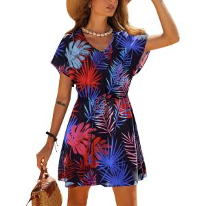 image:imageEkouaer Womens Cover Ups Casual Swimsuit Coverups Flowy Tie Waist Beach Cover Up DressBlack Red Leaf