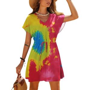 image:imageEkouaer Womens Cover Ups Casual Swimsuit Coverups Flowy Tie Waist Beach Cover Up DressColored Tie Dye