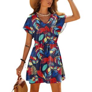 image:imageEkouaer Womens Cover Ups Casual Swimsuit Coverups Flowy Tie Waist Beach Cover Up DressColorful Leaf