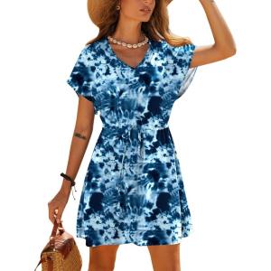 image:imageEkouaer Womens Cover Ups Casual Swimsuit Coverups Flowy Tie Waist Beach Cover Up DressIndigo Tiedye