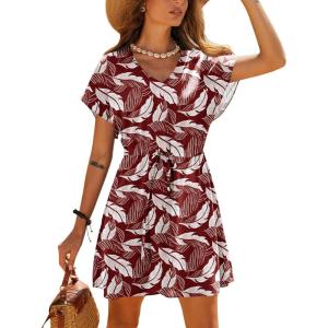 image:imageEkouaer Womens Cover Ups Casual Swimsuit Coverups Flowy Tie Waist Beach Cover Up DressRed Leaf