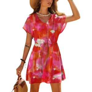 image:imageEkouaer Womens Cover Ups Casual Swimsuit Coverups Flowy Tie Waist Beach Cover Up DressTropical Sunset Tie Dye