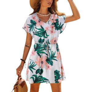 image:imageEkouaer Womens Cover Ups Casual Swimsuit Coverups Flowy Tie Waist Beach Cover Up DressWhite Pink Floral