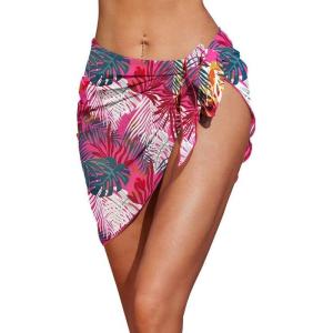 image:imageEkouaer Womens Coverups Beach Short Sarong Sheer Chiffon Cover Up Bikini Wraps S3XLPat27red White Green Leaves